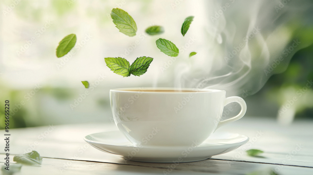 A steaming cup of herbal tea with falling tea leaves. The image shows a white teacup and saucer, with fresh mint leaves floating in the tea. A steaming cup of herbal tea with falling tea leaves. The image shows a white teacup and saucer, with fresh mint leaves floating in the tea.