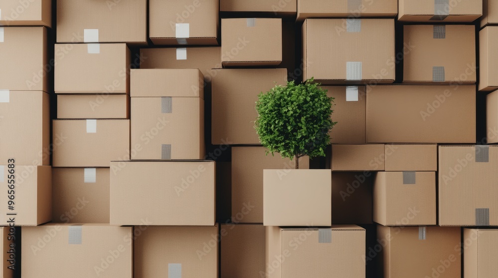 This flat lay arrangement showcases numerous brown cardboard boxes with one small green leaf positioned on top, adding a touch of nature amidst packaging This flat lay arrangement showcases numerous brown cardboard boxes with one small green leaf positioned on top, adding a touch of nature amidst packaging