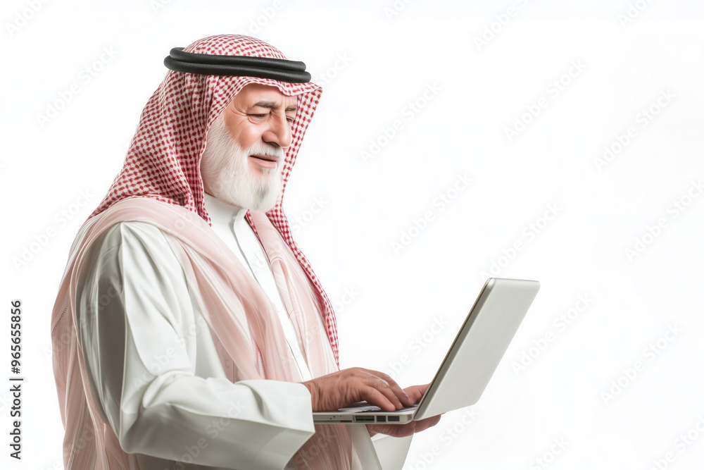 Saudi businessman holding a laptop isolated on white background Saudi businessman holding a laptop isolated on white background