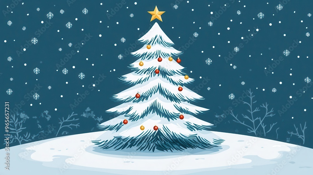 Obraz premium A beautifully designed Christmas tree adorned with ornaments stands gracefully in a snowy landscape under a night sky filled with falling snowflakes