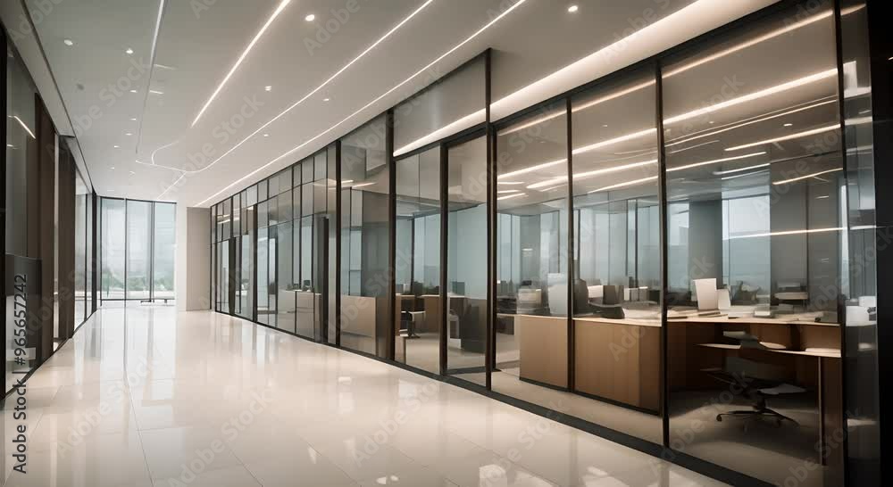 Modern office building with a large wide corridor and glass partitions inside 4k animation Modern office building with a large wide corridor and glass partitions inside 4k animation