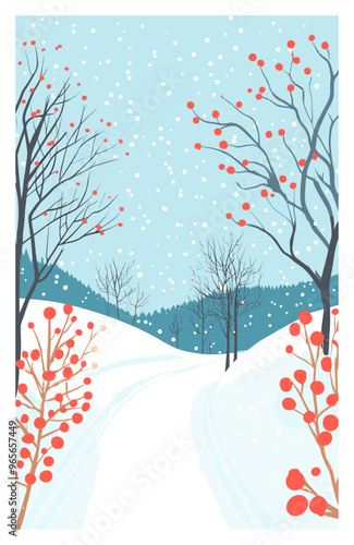 Snowy Mountain Path with Red Flowers, vector illustration.