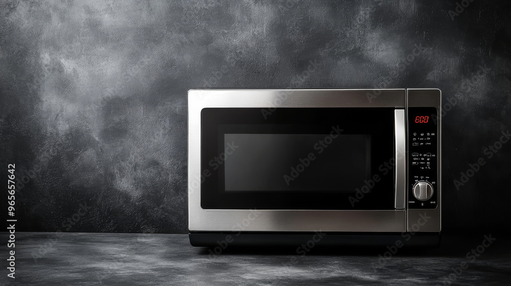 This picture shows a stylish, modern microwave oven. It's made of stainless steel and has a simple design with a digital control panel. This picture shows a stylish, modern microwave oven. It's made of stainless steel and has a simple design with a digital control panel.