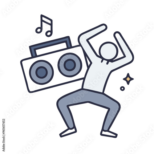 Dancing figure with boombox in playful gray outline style for party culture