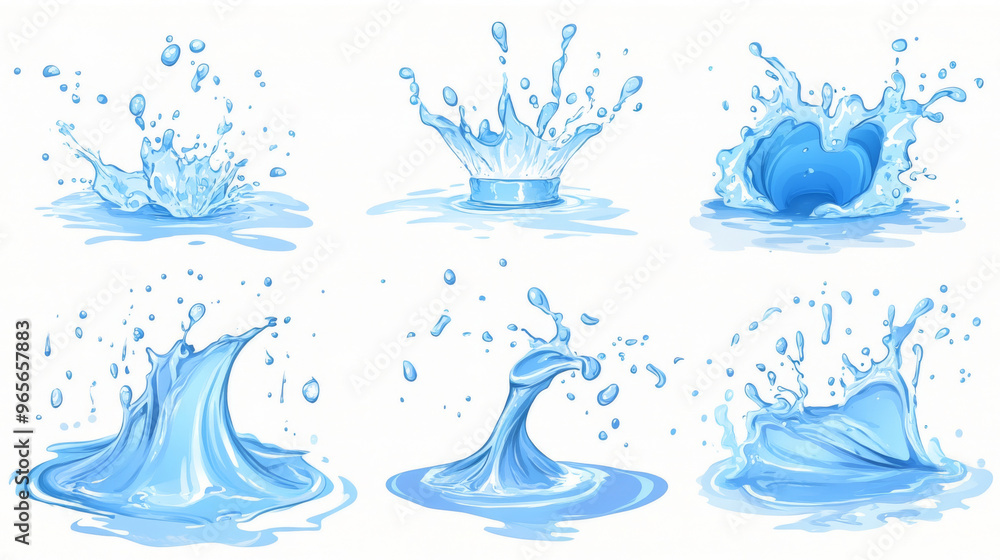 Water splashes and swirls, creating blue waves and drops. This set of cartoon images shows water flowing, streaming, and spilling in different shapes, like a crown. Water splashes and swirls, creating blue waves and drops. This set of cartoon images shows water flowing, streaming, and spilling in different shapes, like a crown.