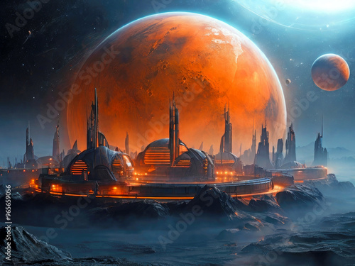 Dark desolate fantasy sci-fi planet landscape with city spire silhouettes against the backdrop of a huge orange moon in the night's sky