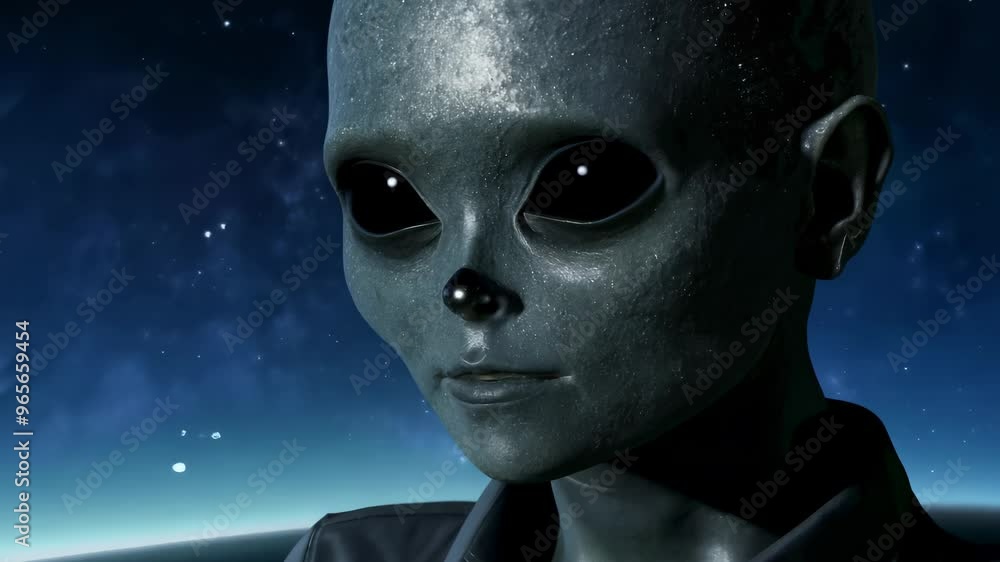 A gray alien with large black eyes stares intently, its head slightly tilted against a dark starry background. The camera smoothly zooms in, capturing the alien's emotionless expression and the faint A gray alien with large black eyes stares intently, its head slightly tilted against a dark starry background. The camera smoothly zooms in, capturing the alien's emotionless expression and the faint