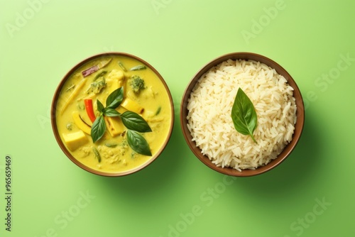 Thai green curry and the other half rice yellow food meal.