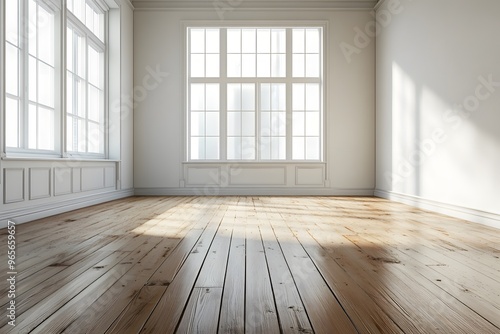 Bright and airy empty room with wood flooring and large windows. Generative AI