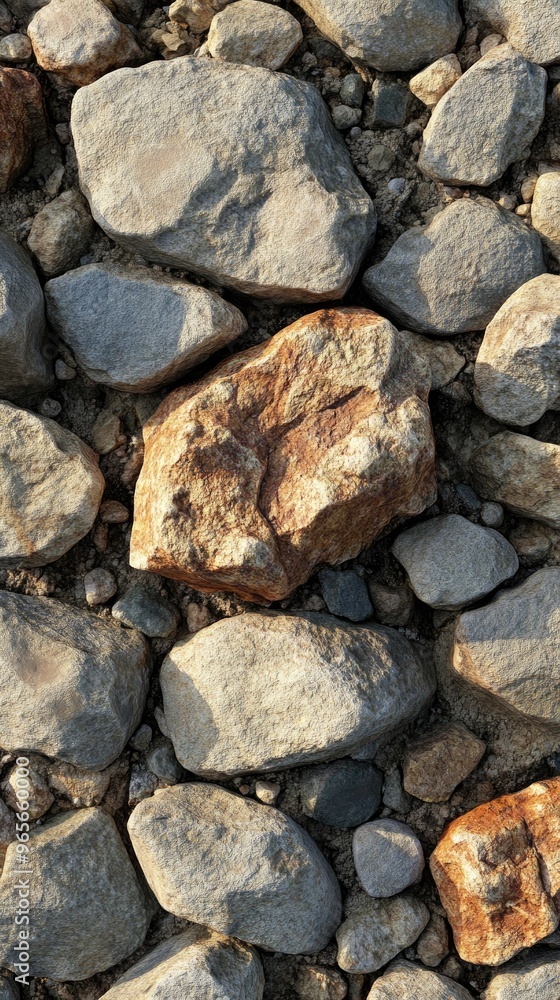 Sunlight illuminating one rock in a riverbed of rocks Sunlight illuminating one rock in a riverbed of rocks