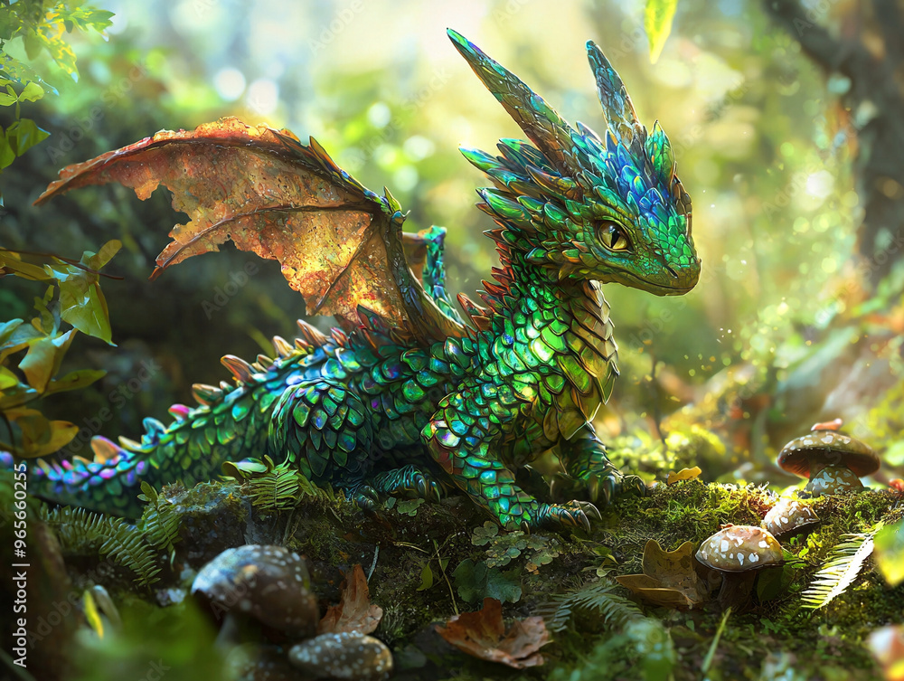 Close-up of a baby dragon in the forest Close-up of a baby dragon in the forest