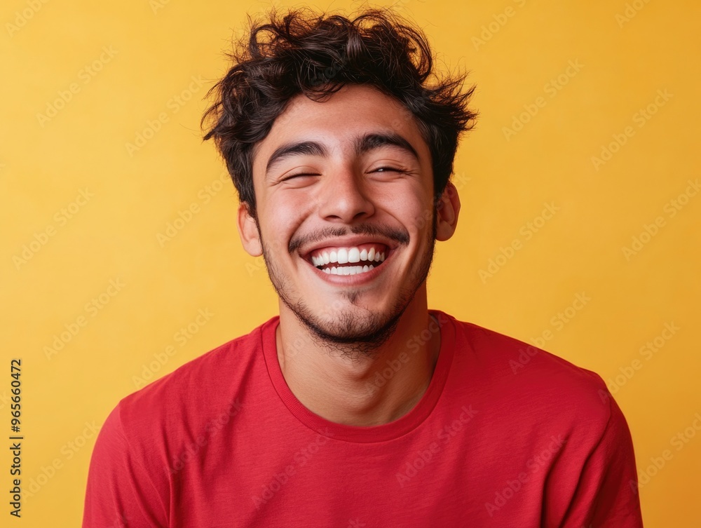 Smiling Young Man with a Beard, Yellow Background Smiling Young Man with a Beard, Yellow Background