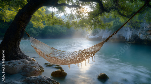 Relaxing hammock on a tropical island beach with boats and clear blue ocean under a sunny sky photo