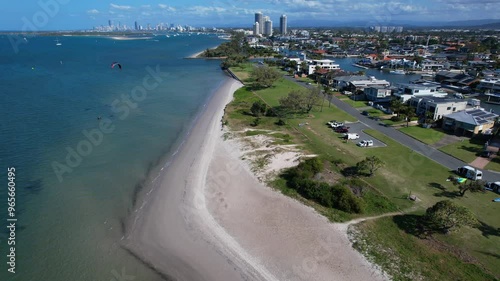 Shearwater Esplanade By The Broadwater In Runaway Bay, Gold Coast, Queensland, Australia. Aerial Pullback Shot photo