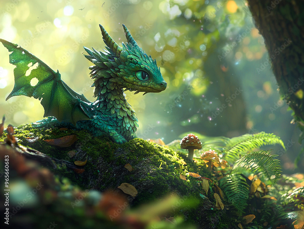 Obraz premium Close-up of a baby dragon in the forest