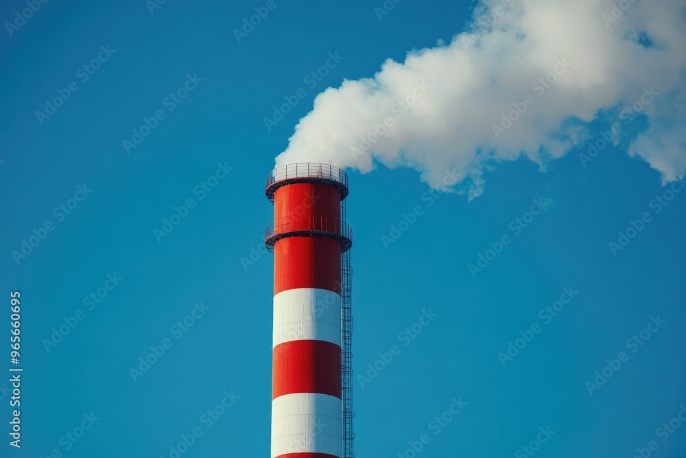 Industrial chimney emitting smoke into the atmosphere on blue sky Industrial chimney emitting smoke into the atmosphere on blue sky