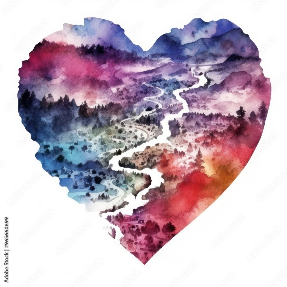 Fototapeta premium Heart watercolor map landscape outdoors nature.