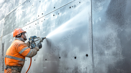 A diligent worker skillfully sandblasts metal panels, preparing them for the modern concrete walls of storage areas photo