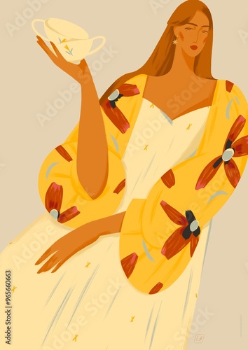 Illustration of the figure of a woman. Interior poster, postcard