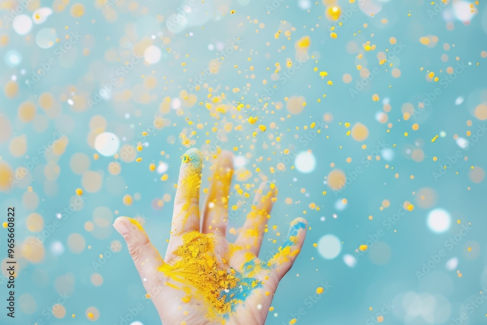 Celebratory Yellow and Blue Confetti Explosion in Upbeat Hand Gesture Celebratory Yellow and Blue Confetti Explosion in Upbeat Hand Gesture