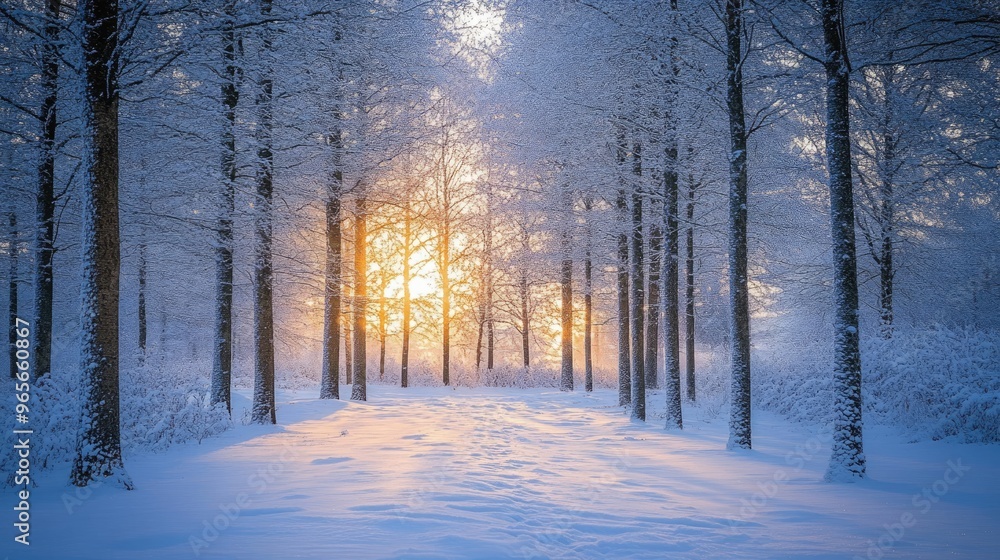 Sun shining through snow covered trees in a forest Sun shining through snow covered trees in a forest