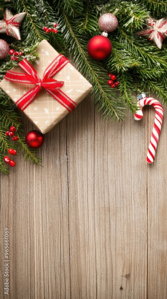 A festive arrangement features gifts, candy canes, and pine branches on a wooden table with plenty of copy space, evoking the spirit of Christmas and New Year celebrations A festive arrangement features gifts, candy canes, and pine branches on a wooden table with plenty of copy space, evoking the spirit of Christmas and New Year celebrations
