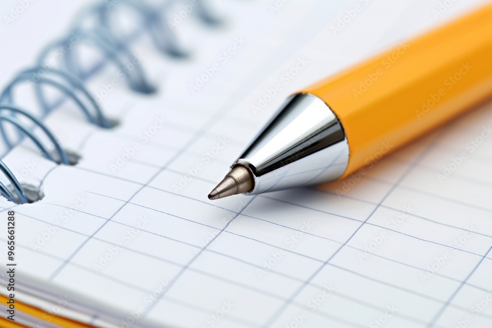 Macro shot of a yellow pen's tip on an open spiral notebook, showing fine details of the writing instrument and paper. Macro shot of a yellow pen's tip on an open spiral notebook, showing fine details of the writing instrument and paper.