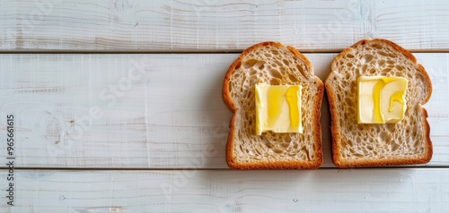 Two slices of bread on a wooden table, each topped with a pat of butter, showcasing a simple and delicious breakfast option. photo