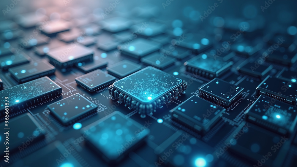 A futuristic abstract representation of a circuit board landscape featuring numerous microchips. Glowing blue lights and intricate patterns evoke themes of technology, computing and innovation A futuristic abstract representation of a circuit board landscape featuring numerous microchips. Glowing blue lights and intricate patterns evoke themes of technology, computing and innovation