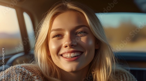 cheerful young blonde woman sitting in a car