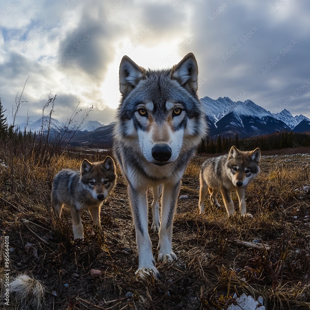 Fototapeta premium A wolf and two cubs walking in a field with mountains in the background