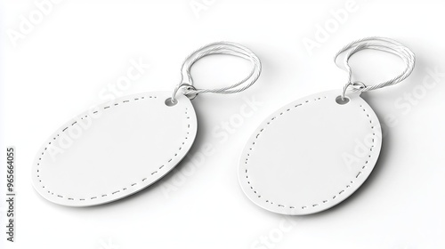 A pair of white leather tags on a white background