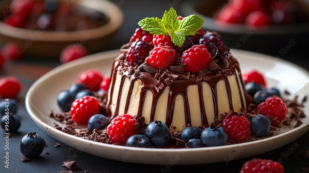 A dessert with chocolate and berries on a white plate A dessert with chocolate and berries on a white plate
