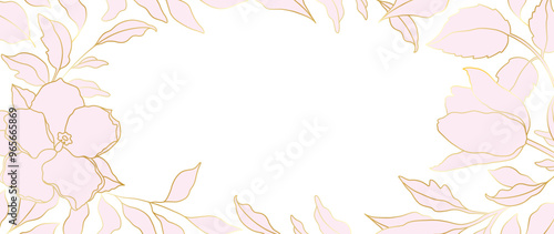 Abstract floral background with golden line art of flowers and leaves. Luxury hand drawn frame, border. Vector illustration for design of card, banner, invitation, advertising and packaging 