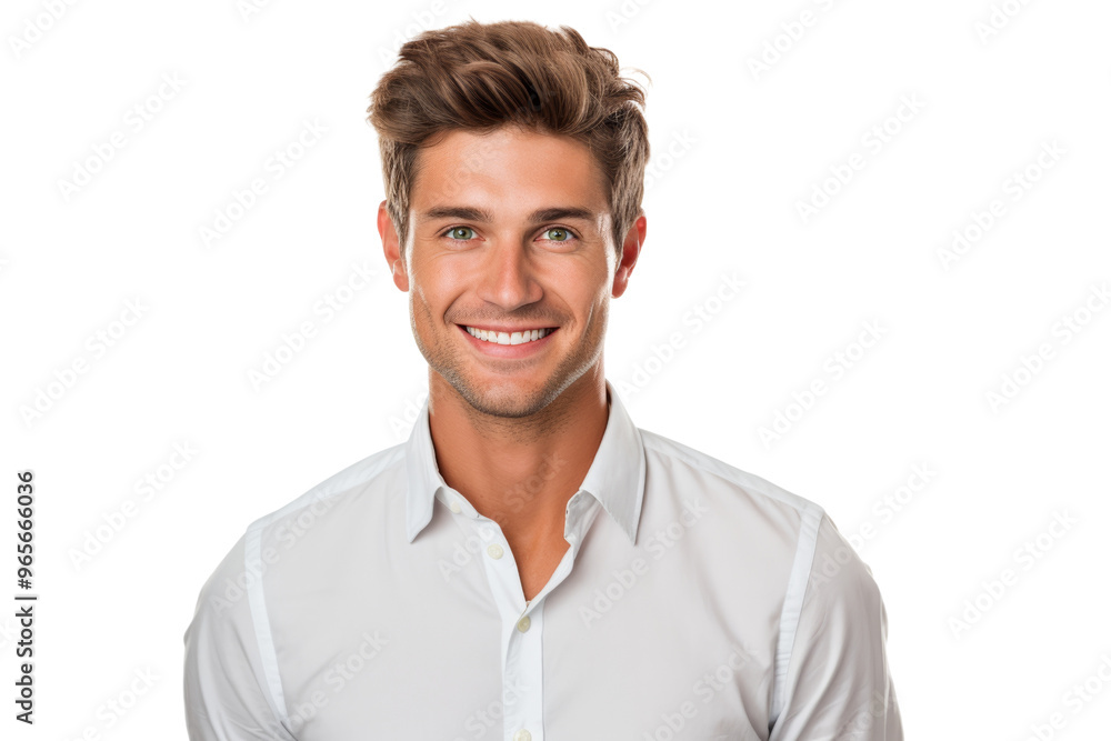 Young handsome business guy with a charming smile, dressed in a gray shirt, looking confidently at the camera. Isolated on white background