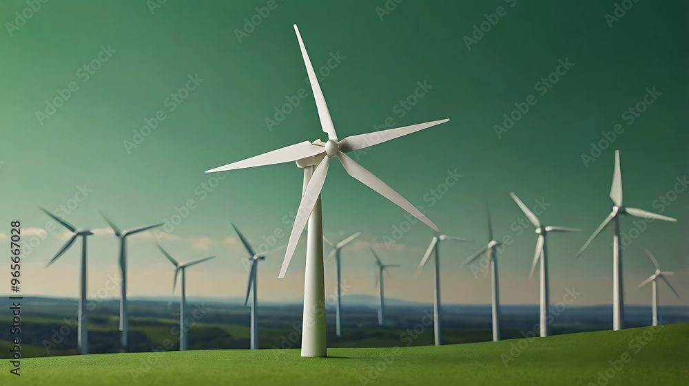A paper cut-out style wind turbine standing tall against a plain green background, symbolizing renewable energy. Origami style A paper cut-out style wind turbine standing tall against a plain green background, symbolizing renewable energy. Origami style