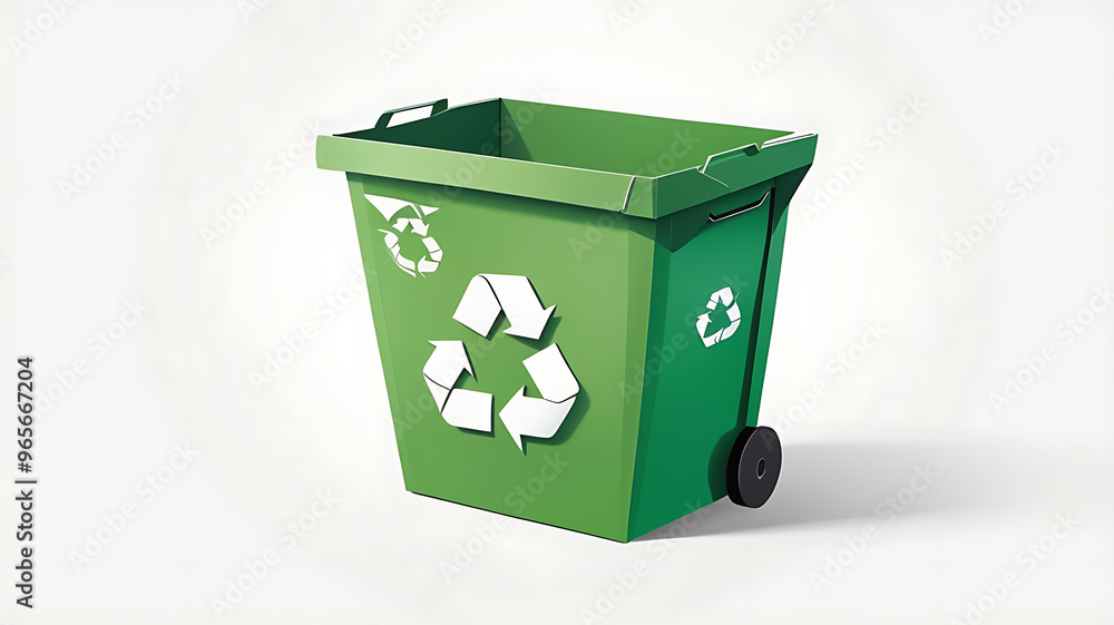 A green recycling bin in paper cut-out style, placed on a plain white background, symbolizing waste management and recycling. Origami style A green recycling bin in paper cut-out style, placed on a plain white background, symbolizing waste management and recycling. Origami style