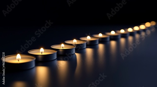 A row of lit tea light candles on a black surface. The candles are arranged in a diagonal line, with the closest candle in focus and the further candles blurred.  photo