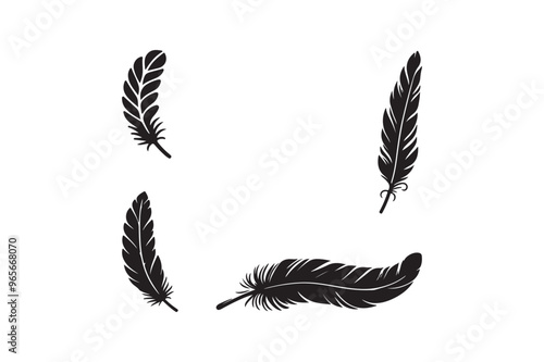 Bird feather silhouette black color. white background set.