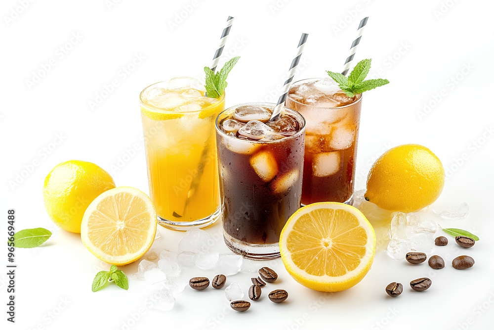 A vibrant display of refreshing drinks with lemons and coffee beans, perfect for summer. A vibrant display of refreshing drinks with lemons and coffee beans, perfect for summer.