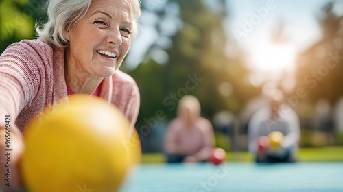 Senior woman playing bocce ball with friends, social and competitive, senior bocce, outdoor leisure