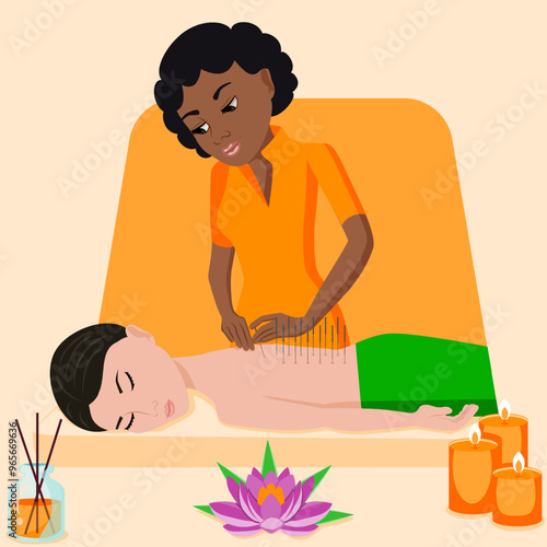 Needle Acupuncture treatment by professional acupuncturist in spa. Isolated flat vector illustration. African and Asian ethnicity.