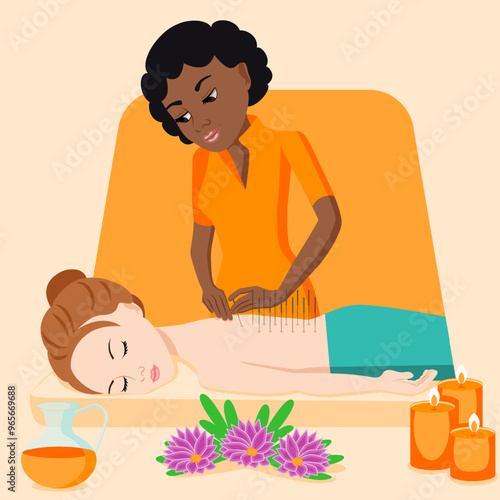 Needle Acupuncture treatment by professional acupuncturist in spa. Isolated flat vector illustration. African and European ethnicity.