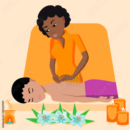 Needle Acupuncture treatment by professional acupuncturist in spa. Isolated flat vector illustration. African and Indian ethnicity.