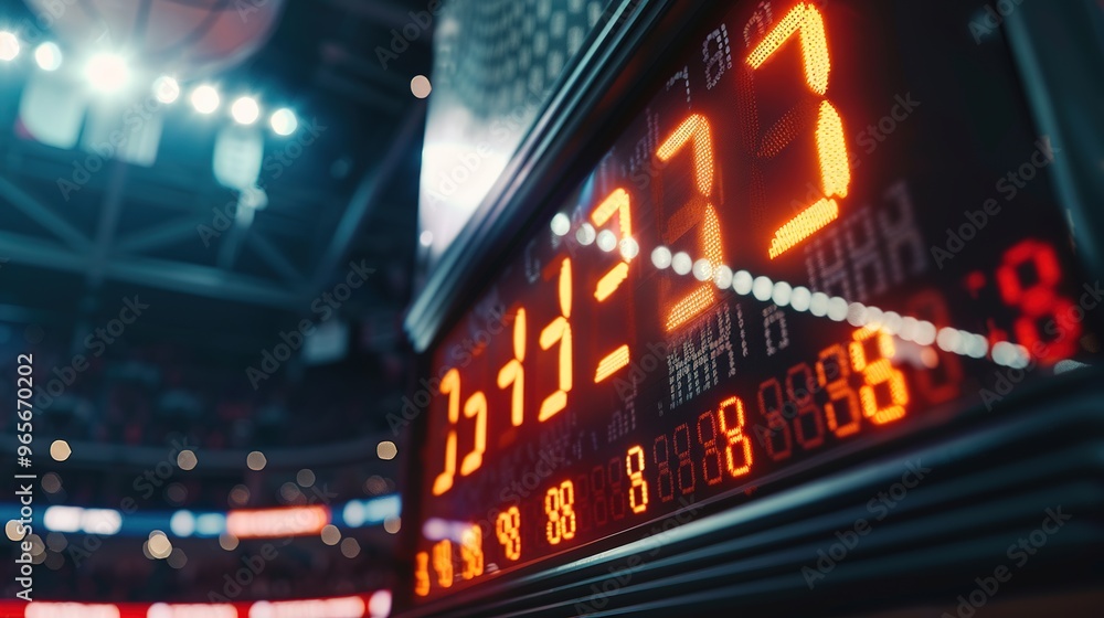 Close-up of digital scoreboard showing high player count in sports event, with cheering fans and sports arena in background, highlighting the excitement and scale of the competition.AI Close-up of digital scoreboard showing high player count in sports event, with cheering fans and sports arena in background, highlighting the excitement and scale of the competition.AI