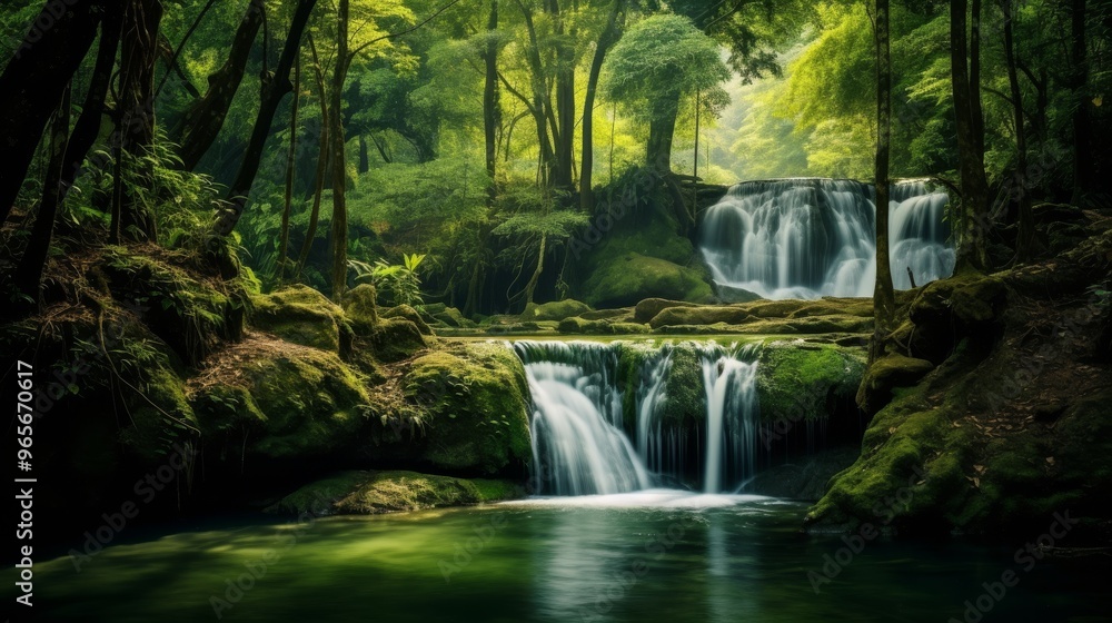 Obraz premium Peaceful waterfall in the deep forest of Thailand with vibrant green surroundings
