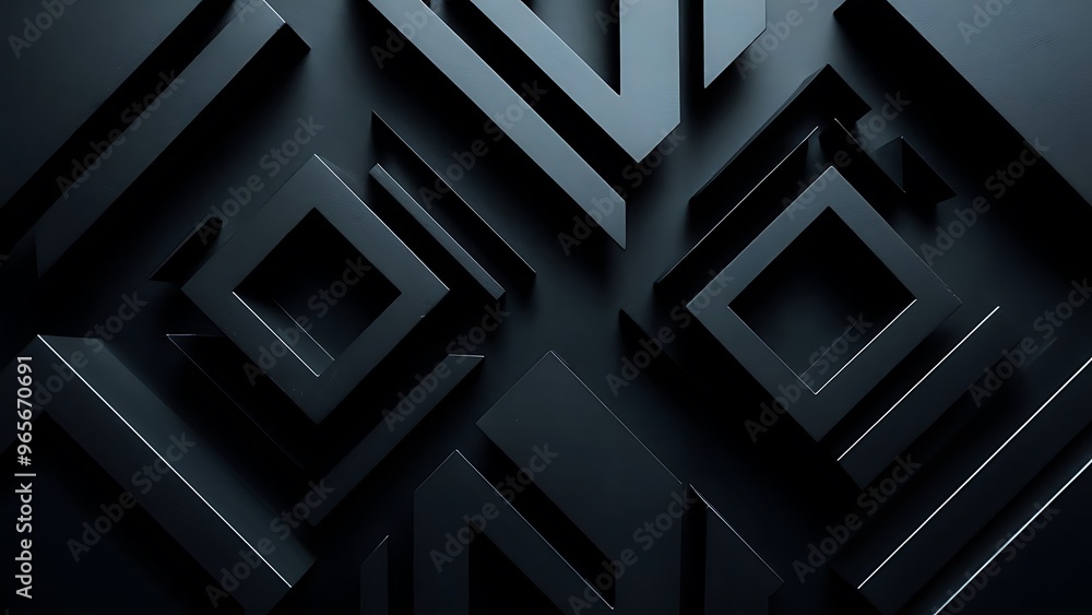 Black abstract geometric shapes on dark background, top view, copy space Black abstract geometric shapes on dark background, top view, copy space