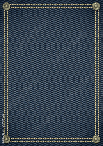 Vertical rectangular frame in denim style with double topstitching, buttons in corners. Vintage style. A4 paper size.