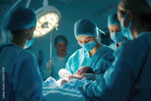 Team of surgeons and nurses are working together, performing a surgical procedure on a newborn baby in a modern operating room