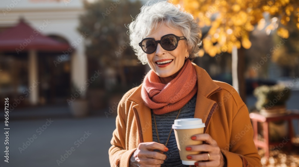 Smiling senior woman in stylish attire holding a cup of coffee outdoors Smiling senior woman in stylish attire holding a cup of coffee outdoors